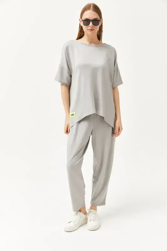 Woman Grey Asymmetric Blouse Soft Textured Set - 2