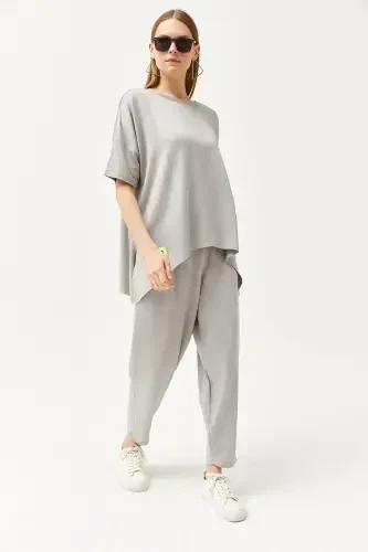 Woman Grey Asymmetric Blouse Soft Textured Set - 3