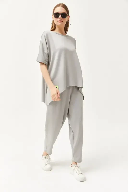 Woman Grey Asymmetric Blouse Soft Textured Set - 3