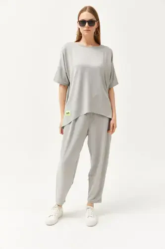 Woman Grey Asymmetric Blouse Soft Textured Set - 4