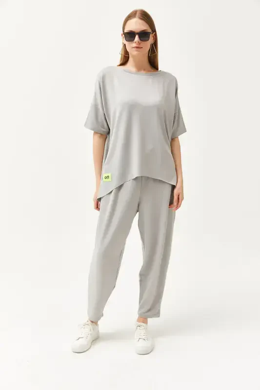 Woman Grey Asymmetric Blouse Soft Textured Set - 4