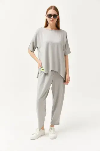 Woman Grey Asymmetric Blouse Soft Textured Set - 5