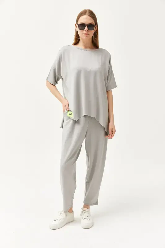 Woman Grey Asymmetric Blouse Soft Textured Set - 5