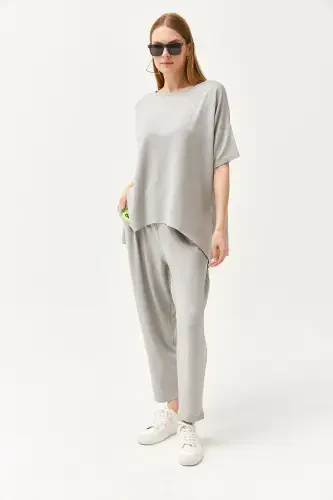 Woman Grey Asymmetric Blouse Soft Textured Set - 6