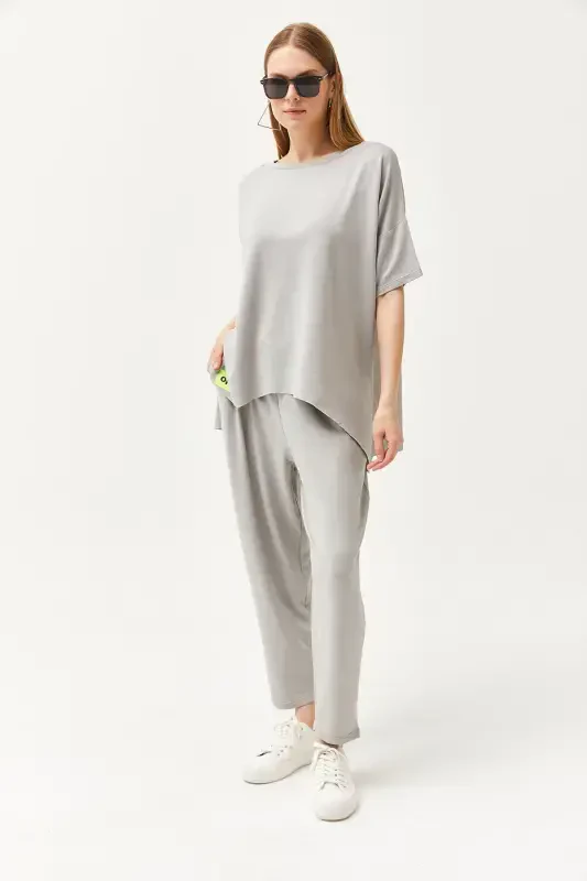 Woman Grey Asymmetric Blouse Soft Textured Set - 6