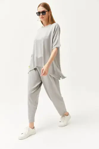 Woman Grey Asymmetric Blouse Soft Textured Set - 7