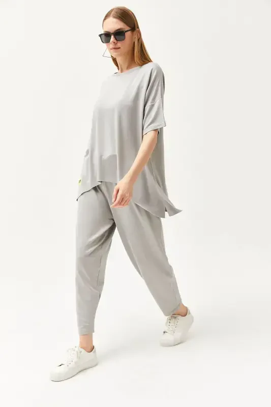 Woman Grey Asymmetric Blouse Soft Textured Set - 7
