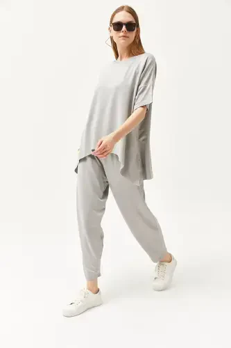 Woman Grey Asymmetric Blouse Soft Textured Set - 8