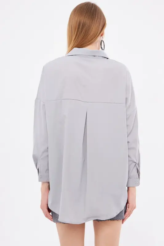 Woman Grey Oversize Long Basic Shirt ARM-22Y001118-Grey - 3