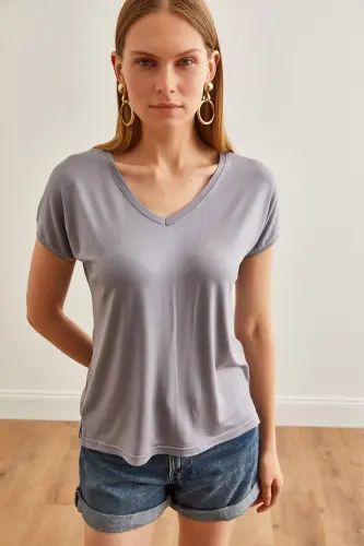 Woman Grey V Neck Batwing Knitted Viscose T-Shirt TSH-190 - 4