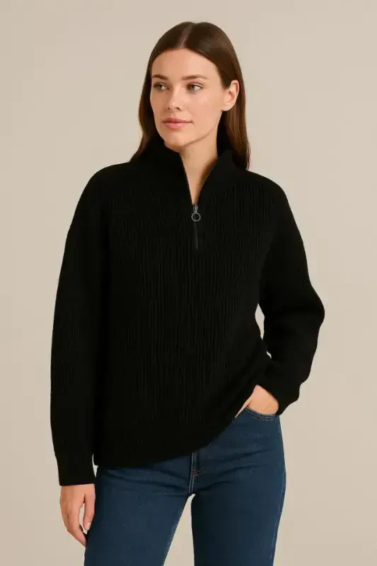 WOMAN Half Zipper Knitwear Sweater - Thessaloniki Knit, Turtleneck, Cotton Knit, Oversize Long Sleeve Winter Model - Black - 2