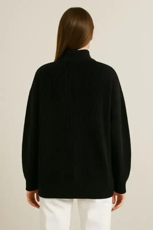 WOMAN Half Zipper Knitwear Sweater - Thessaloniki Knit, Turtleneck, Cotton Knit, Oversize Long Sleeve Winter Model - Black - 3
