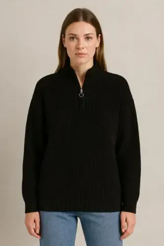 WOMAN Half Zipper Knitwear Sweater - Thessaloniki Knit, Turtleneck, Cotton Knit, Oversize Long Sleeve Winter Model - Black - 4