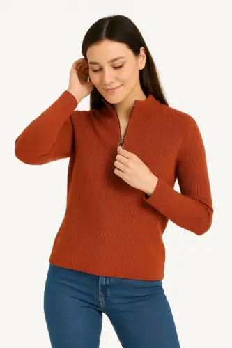 WOMAN Half Zipper Knitwear Sweater – Thessaloniki Knit, Turtleneck, Cotton Knit, Oversize Long Sleeve Winter Model - Brick Red - BÜYÜKBEDENIZ (1)