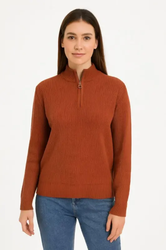 WOMAN Half Zipper Knitwear Sweater – Thessaloniki Knit, Turtleneck, Cotton Knit, Oversize Long Sleeve Winter Model - Brick Red - 3