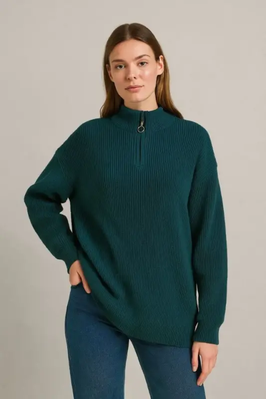 WOMAN Half Zipper Knitwear Sweater - Thessaloniki Knit, Turtleneck, Cotton Knit, Oversize Long Sleeve Winter Model - Khaki - 2