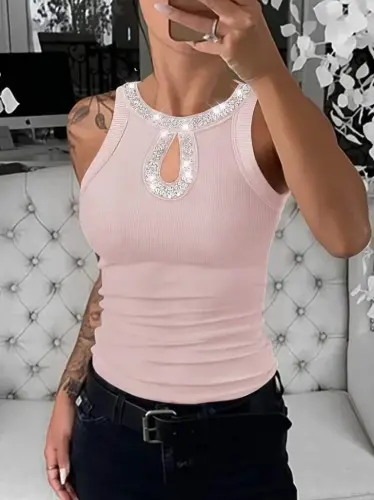 Woman Halter Sleeved Round Stone Detailed Collar Drop Detailed Ribbed Blouse - BÜYÜKBEDENIZ (1)