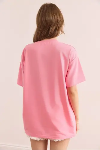 Woman Heart Pink Embroidered Relaxed Fit 2 Thread T-Shirt T - 2