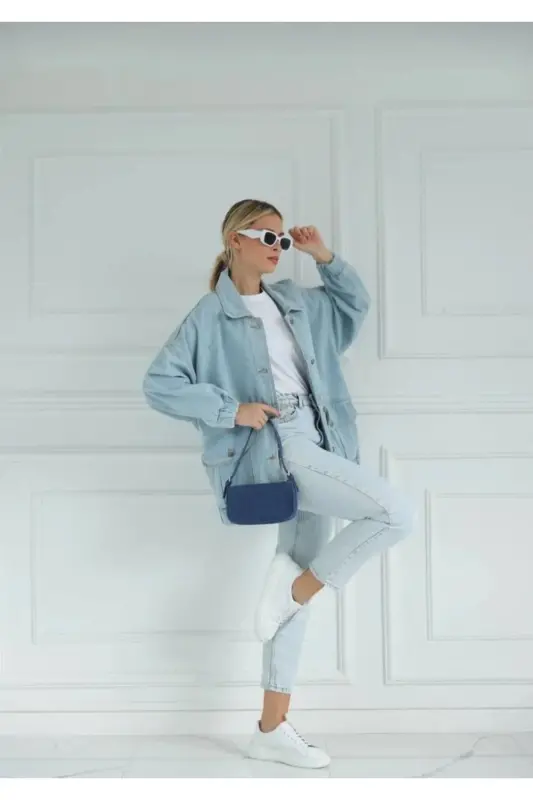Woman ice blue denim jacket oversize-Ice blue - 1