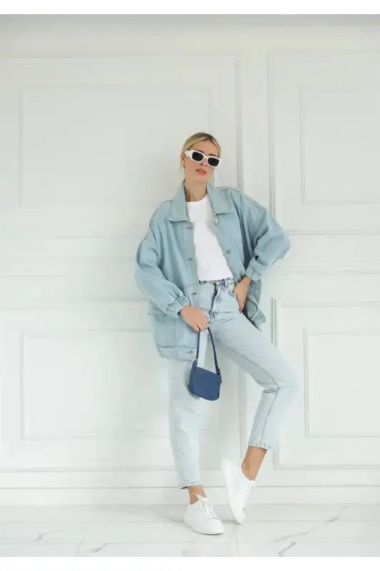 Woman ice blue denim jacket oversize-Ice blue - 2