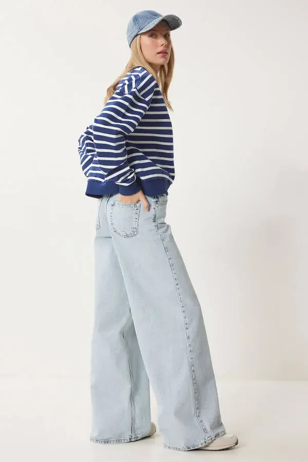 Woman Ice Blue Mid Waist Wide Leg Jean FN03413 - 4