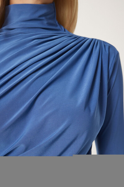 Woman Indigo Blue Pleat Detail Stand Collar Sandy Blouse FF00135 - 3