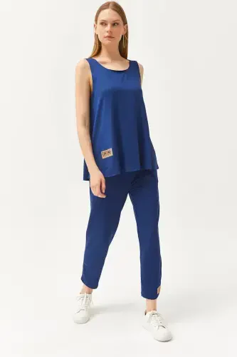 Woman Indigo Sleeveless Relaxed Blouse Bottom Top Crystal T - 1
