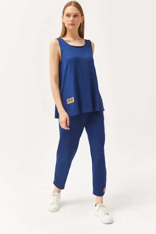 Woman Indigo Sleeveless Relaxed Blouse Bottom Top Crystal T - OLALOOK