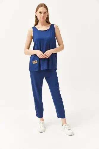 Woman Indigo Sleeveless Relaxed Blouse Bottom Top Crystal T - 3