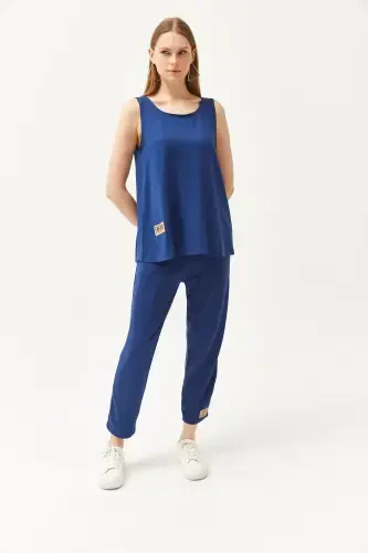 Woman Indigo Sleeveless Relaxed Blouse Bottom Top Crystal T - 5