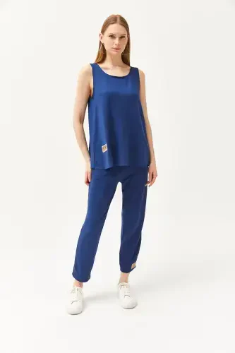 Woman Indigo Sleeveless Relaxed Blouse Bottom Top Crystal T - 6