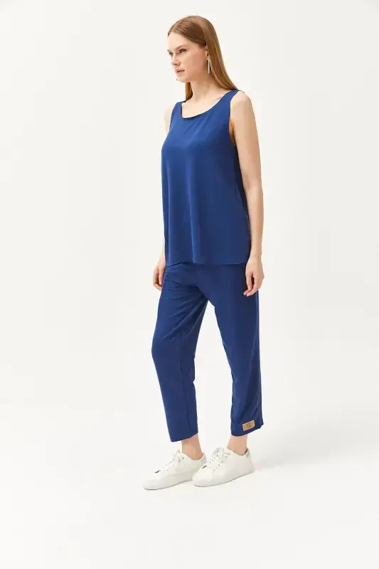 Woman Indigo Sleeveless Relaxed Blouse Bottom Top Crystal T - 7