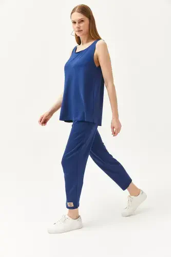 Woman Indigo Sleeveless Relaxed Blouse Bottom Top Crystal T - 8