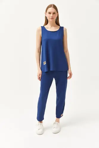 Woman Indigo Sleeveless Relaxed Blouse Bottom Top Crystal T - OLALOOK (1)