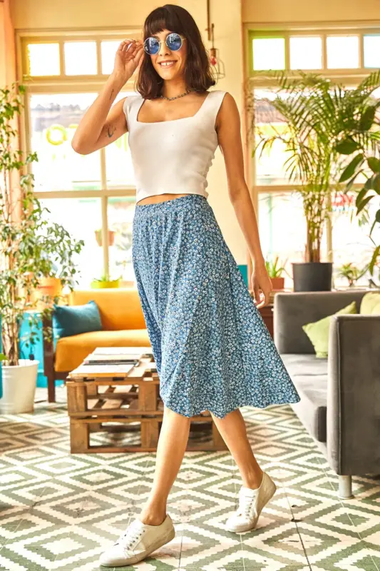 Woman Indigo Tiny Daisy Wrap Skirt ETK-19000154-Indigo Tiny Daisy - 4
