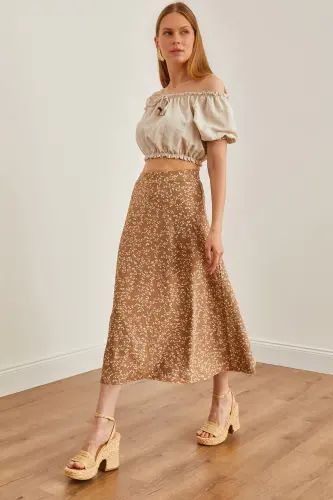 Woman Japanese Beige Elastic Waist Patterned Long Skirt ET 