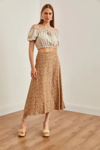 Woman Japanese Beige Elastic Waist Patterned Long Skirt ET - 2