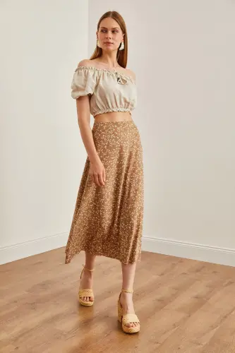 Woman Japanese Beige Elastic Waist Patterned Long Skirt ET - 3