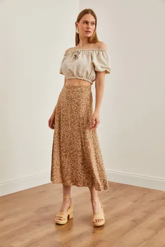Woman Japanese Beige Elastic Waist Patterned Long Skirt ET - 4