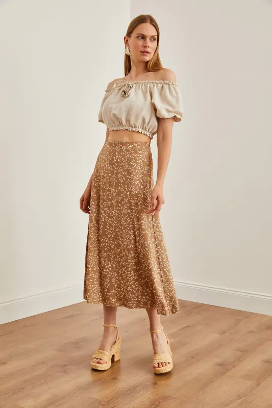 Woman Japanese Beige Elastic Waist Patterned Long Skirt ET - 4