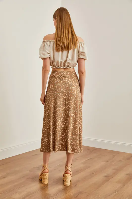 Woman Japanese Beige Elastic Waist Patterned Long Skirt ET - 5