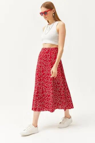 Woman Japanese Red Elastic Waist Patterned Long Skirt 
