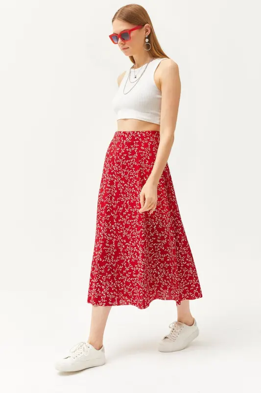 Woman Japanese Red Elastic Waist Patterned Long Skirt - OLALOOK