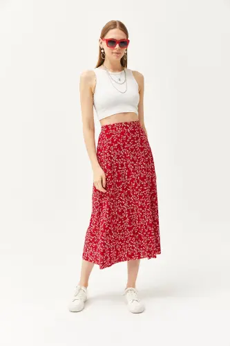 Woman Japanese Red Elastic Waist Patterned Long Skirt - 2