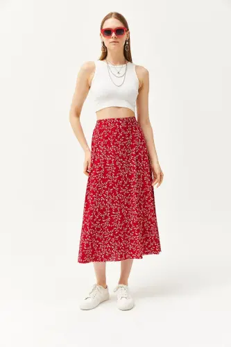 Woman Japanese Red Elastic Waist Patterned Long Skirt - 3