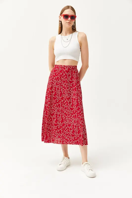 Woman Japanese Red Elastic Waist Patterned Long Skirt - 4