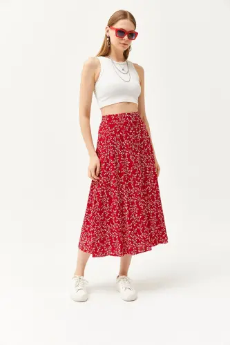 Woman Japanese Red Elastic Waist Patterned Long Skirt - 5