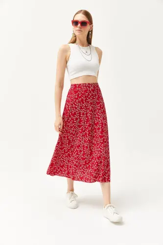Woman Japanese Red Elastic Waist Patterned Long Skirt - 6