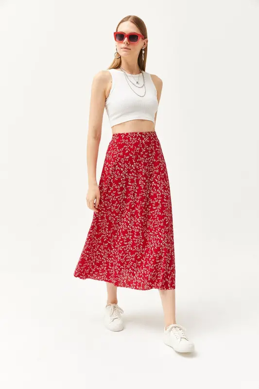 Woman Japanese Red Elastic Waist Patterned Long Skirt - 6