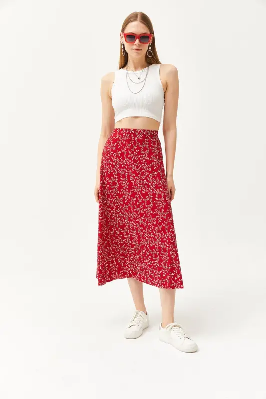 Woman Japanese Red Elastic Waist Patterned Long Skirt - 7